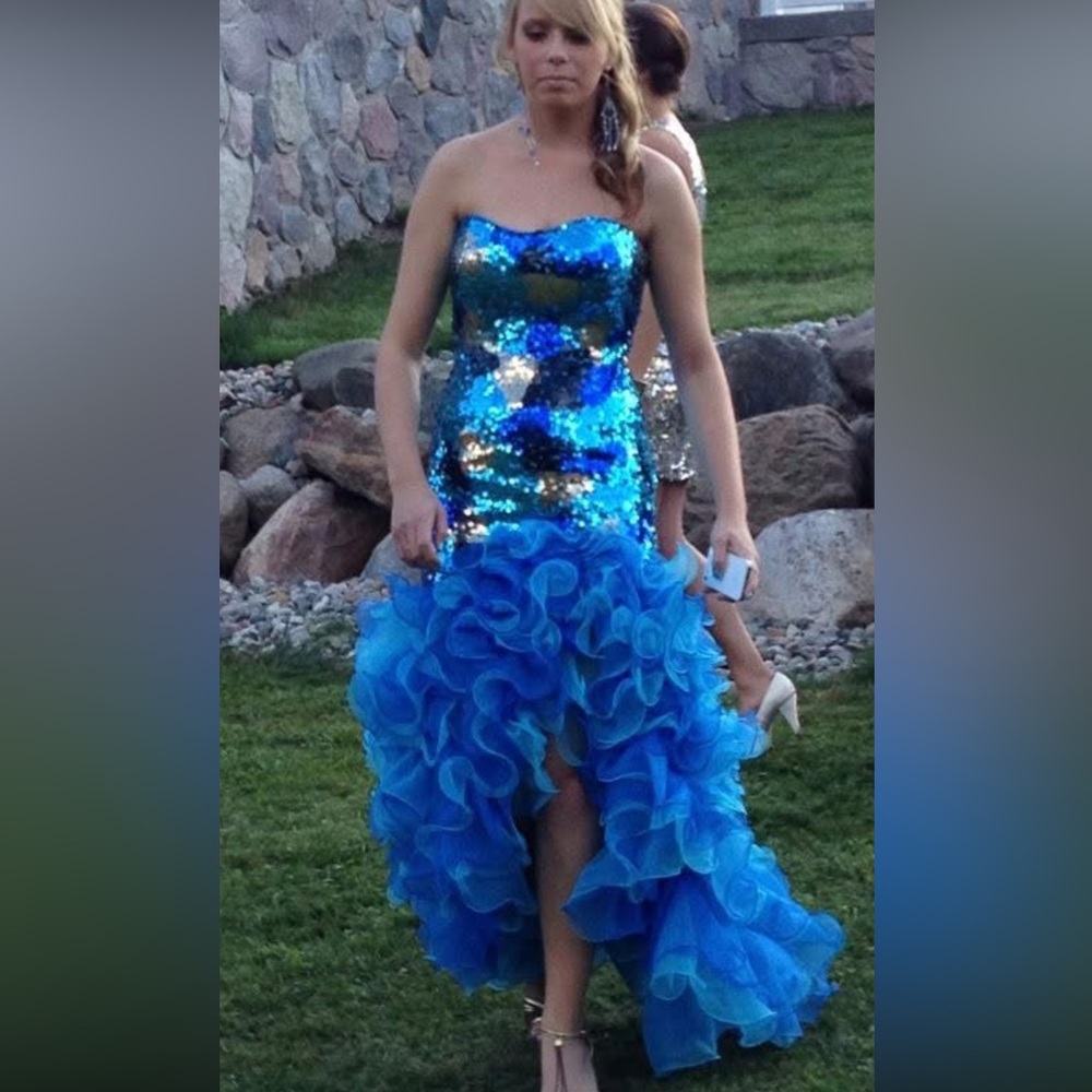 Blue Sequin Strapless Gown - Picture 3 of 8